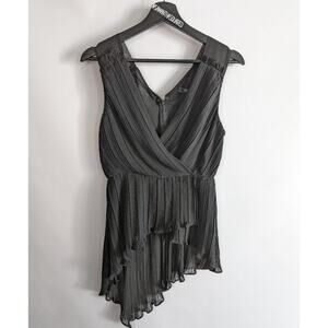 BCBG MaxAzria Pleated V Neck Flowy Asymmetrical Black Boho Blouse XXS